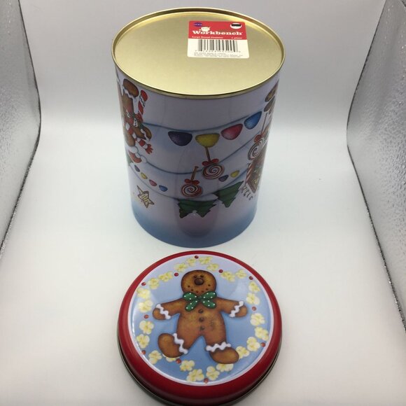 Santa's Workbench Large Round Red Canister Christmas Holiday Gingerbread Men 6" - Picture 7 of 12